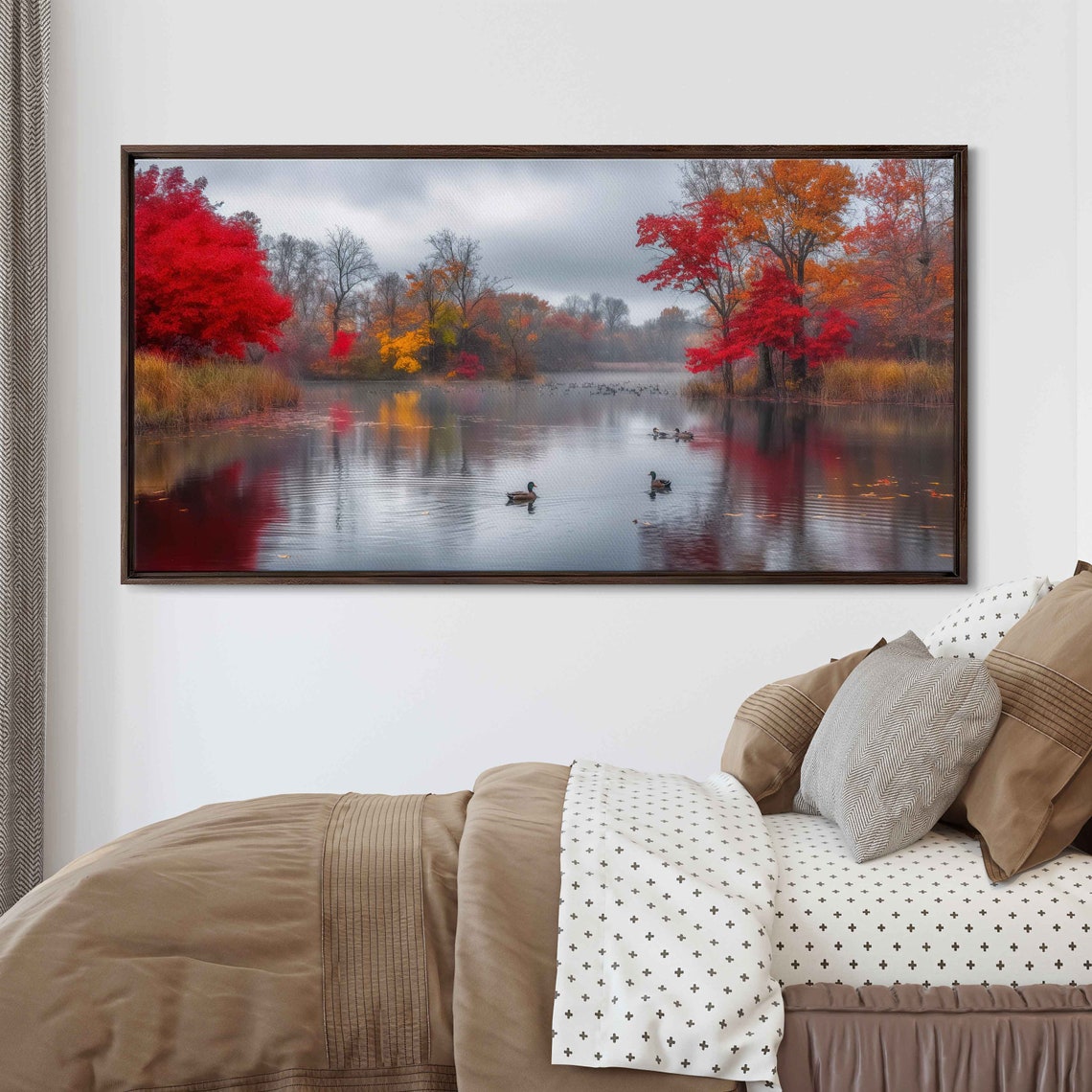 Tranquil Autumn Pond Ducks Calm Water Fiery Maple Reflections Poster - Image 3