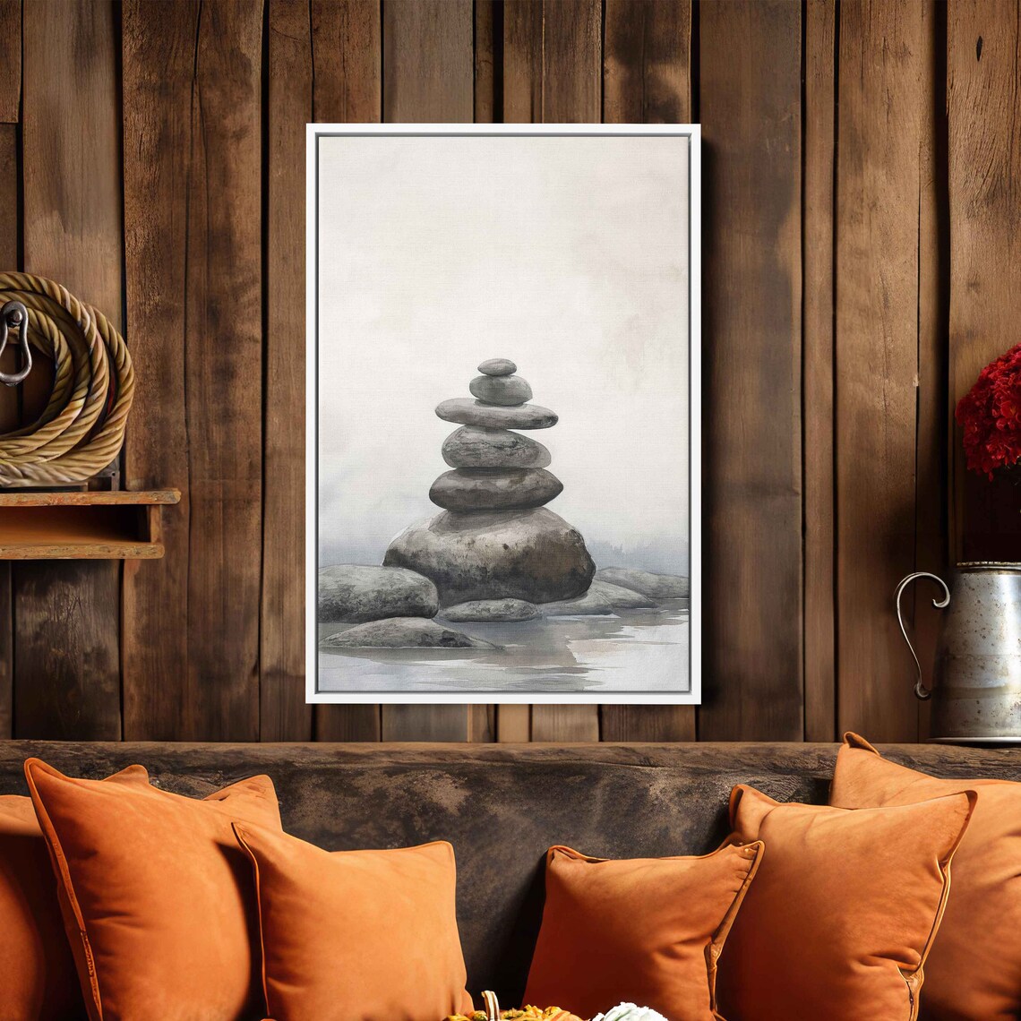 Balanced Stone Cairn Zen Rock Stack Calm Water Minimalist Painting Print - Image 3