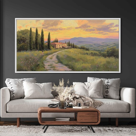 Serene Landscape Of Italian Alley Wall Art Print Cypress Trees Rustic Villa Sunset Pastels