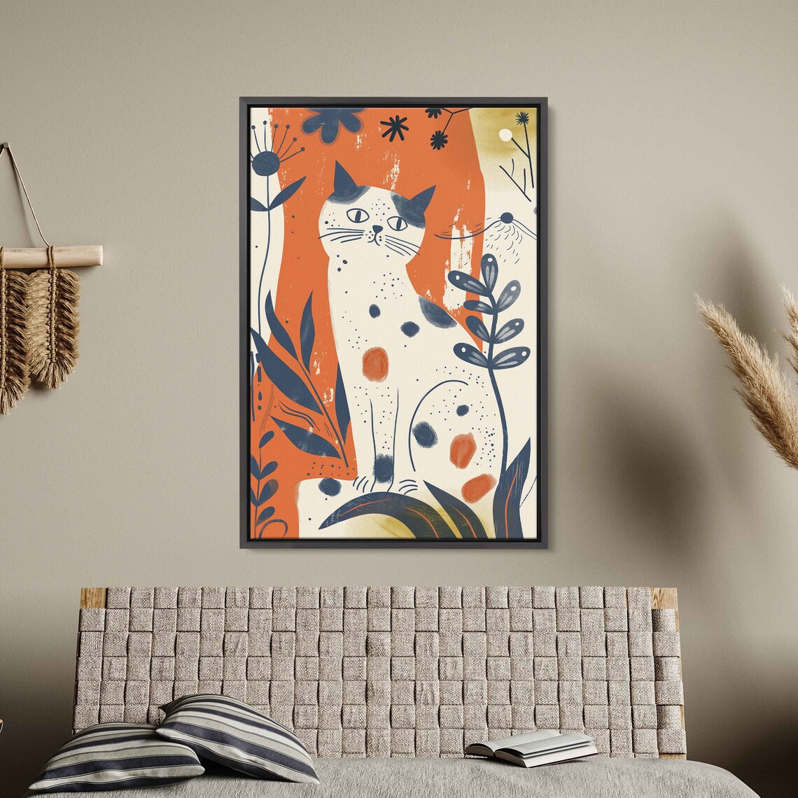 White Spotted Cat Orange Botanicals Matisse Style Playful Art Poster