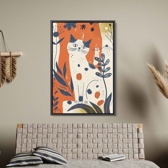 Cat With Flowers Wall Art Print Matisse Style Painting Simple Floral Gift For Cat Lover Ready To Hang