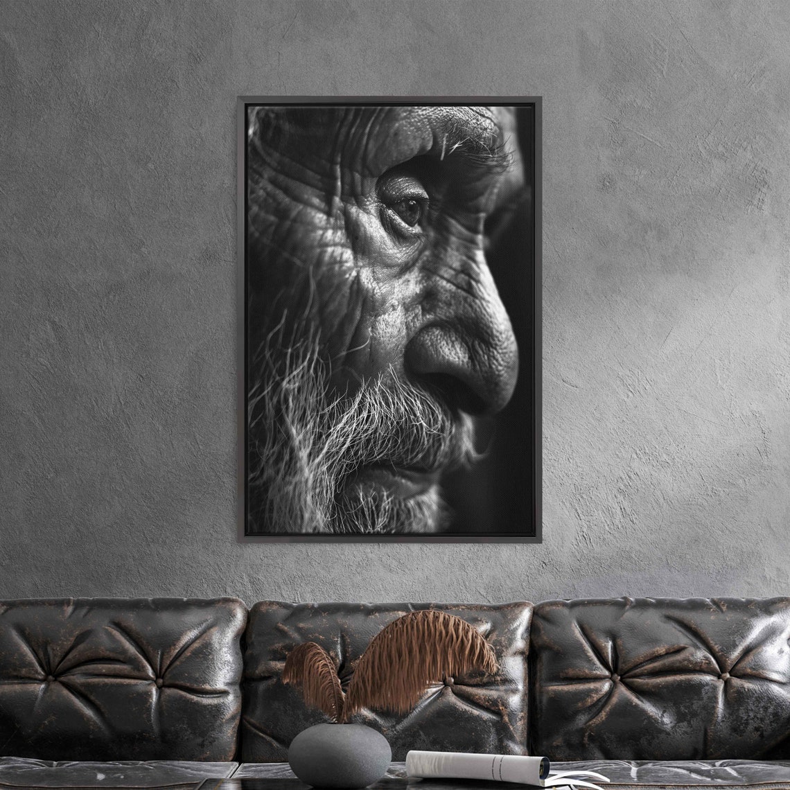 Elderly Man Weathered Face Close Up Black and White Portrait Wall Art