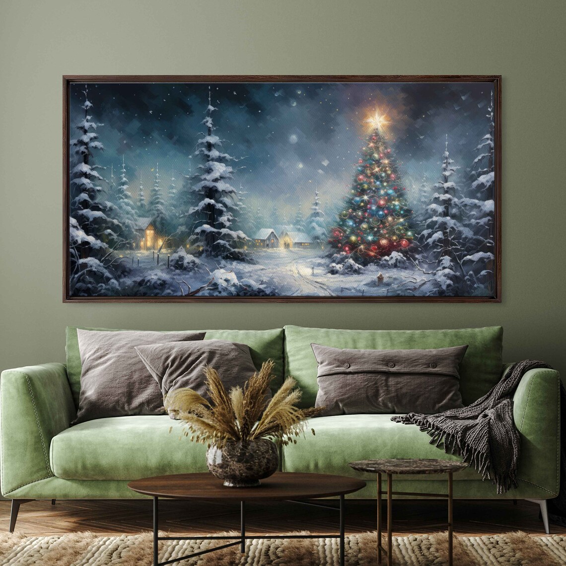 Winter Christmas Tree Snowy Village Starry Night Painting Poster
