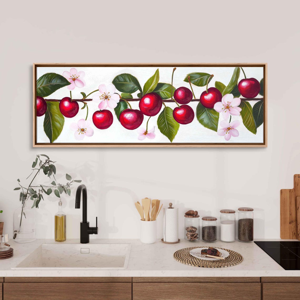 Red Cherries Pink Blossoms Branch Panoramic Watercolor Kitchen Poster