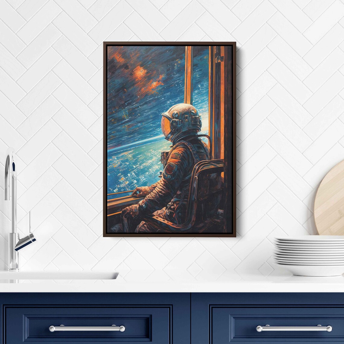 Astronaut Gazing Through Window at Earth Vibrant Space Painting Wall Art - Image 2