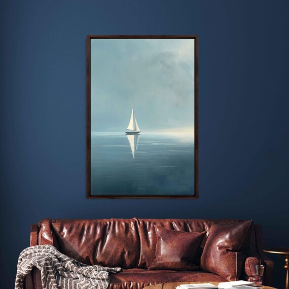White Sailboat On Glassy Teal Sea Perfect Reflection Art Poster