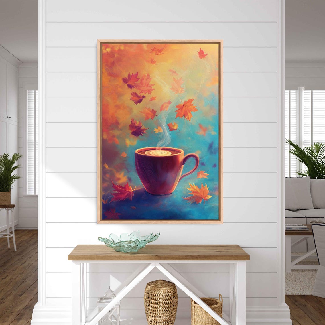 Steaming Hot Coffee Cup With Swirling Autumn Leaves Art Poster - Image 3