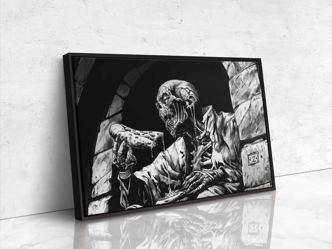Zombie Skeleton Eating Pizza Slice In Brick Crypt Dark Humor Ink Poster - Image 4