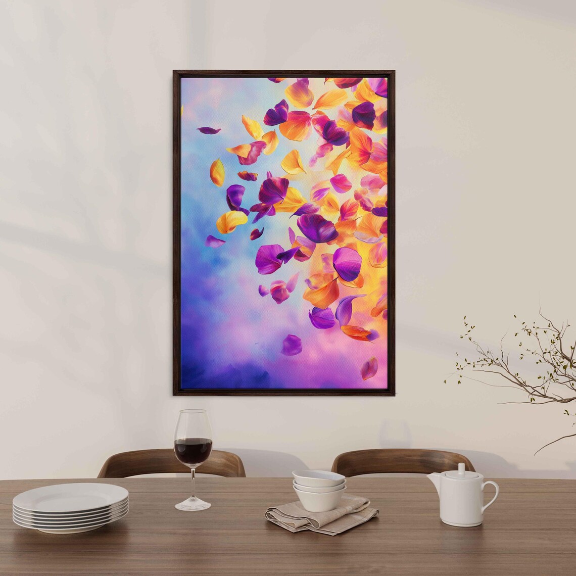 Scattering Flower Petals in Wind Painting Purple Yellow Abstract Print