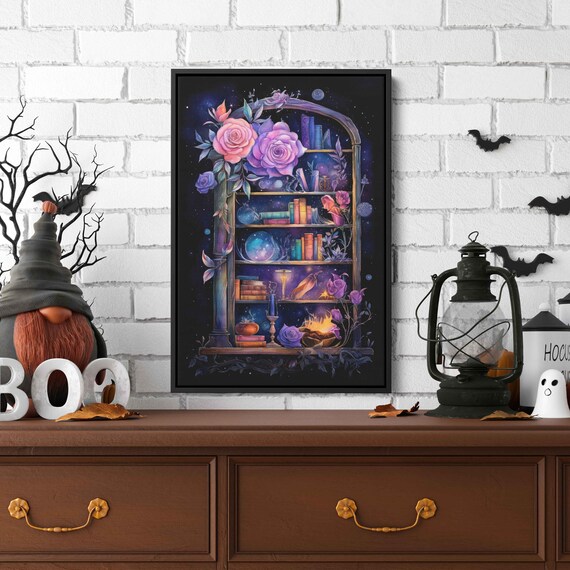 Celestial Witch Bookshelf Watercolor Roses Crystal Ball Magic Night Art Print