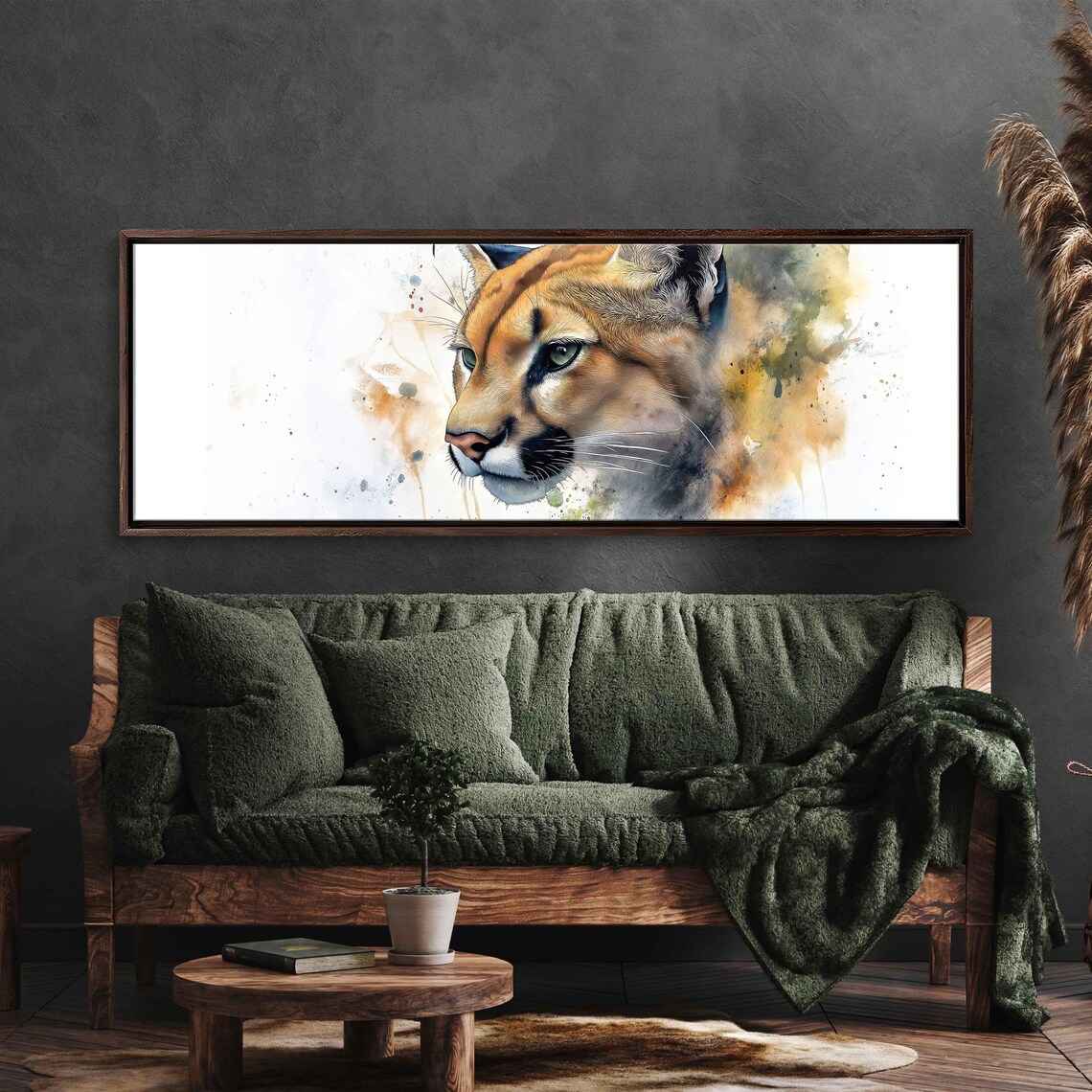 Mountain Lion Face Minimalist Watercolor Splash Earthy Art Poster