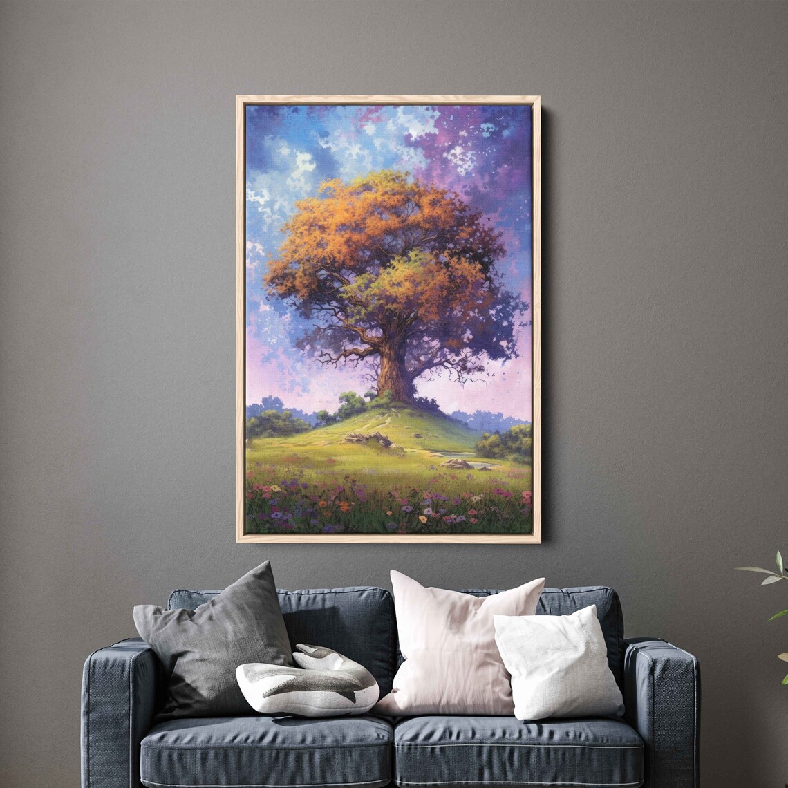 Colorful Ancient Tree In An Open Field Colorful Cloudy Skies Framed Print Ready To Hang - Image 3