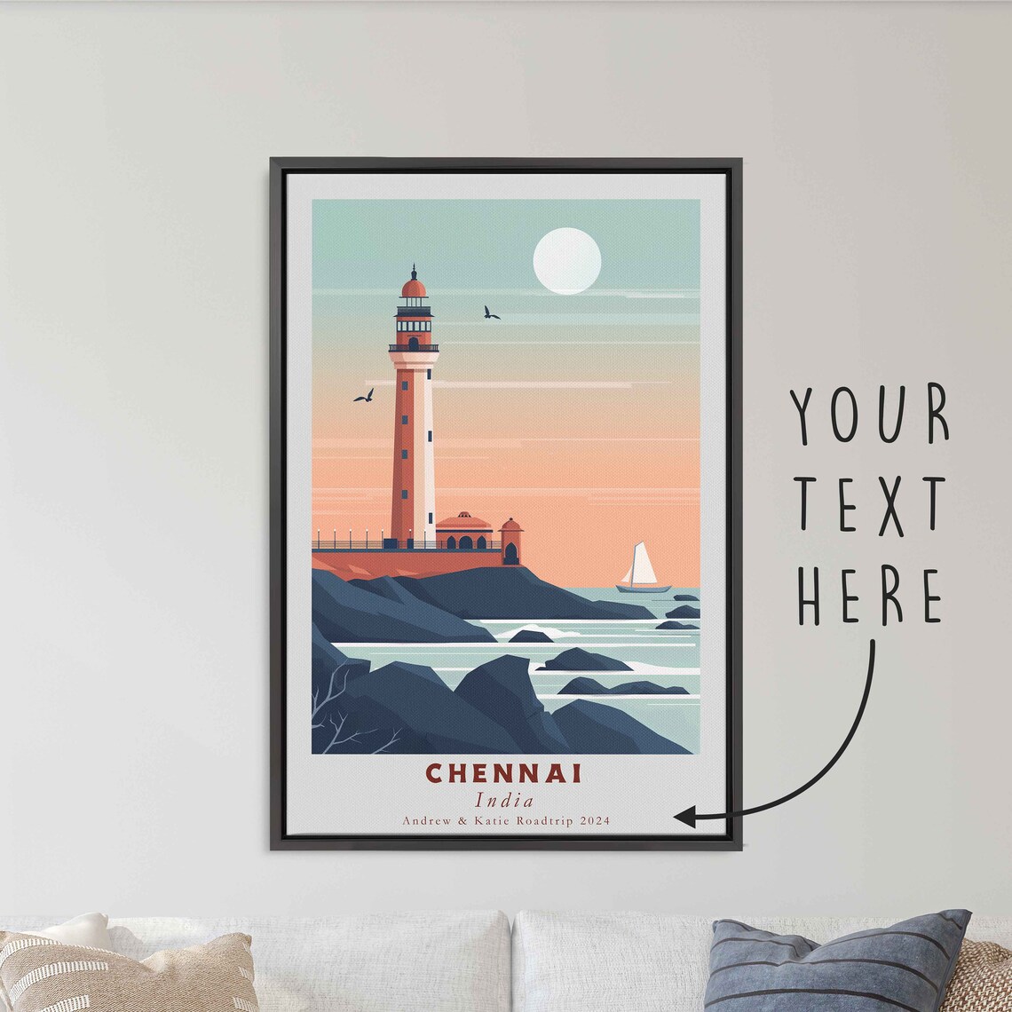 Chennai India Lighthouse Rocky Coast Sailboat Sunset Art Travel Poster - Image 3