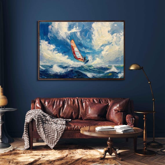 Windsurfer In Motion Wall Art Print Bold Oil Painting With Energetic Waves