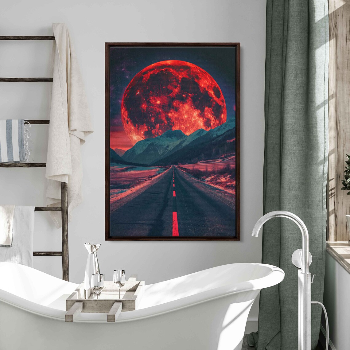 Giant Red Moon Over Mountain Range On The Horizon Wall Art Print Lonely Desert Road Ready To Hang - Image 3