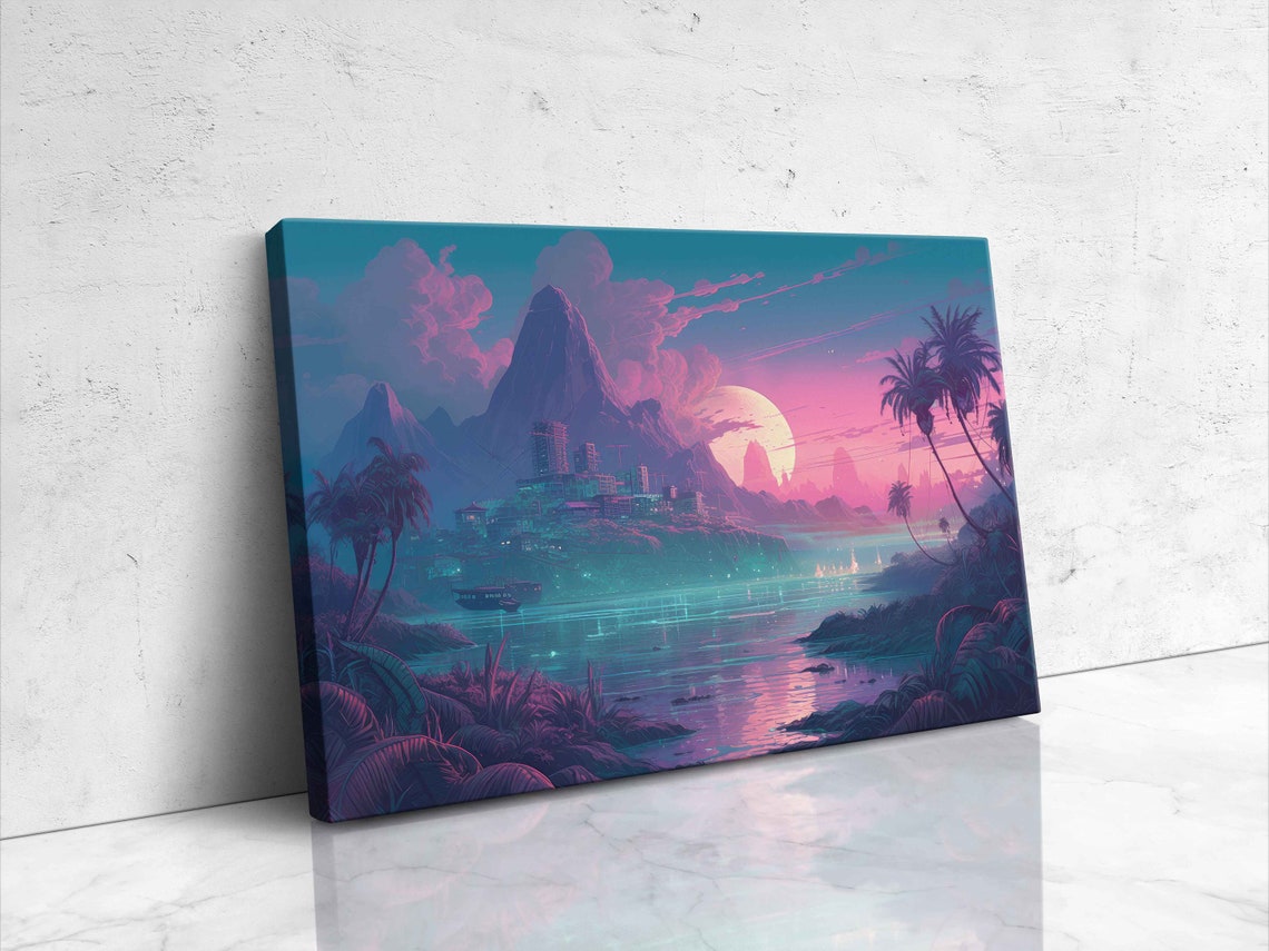 Pastel Color Island Vaporwave Landscape Art Illustration On Framed Ready To Hang Video Game Room Decor - Image 4