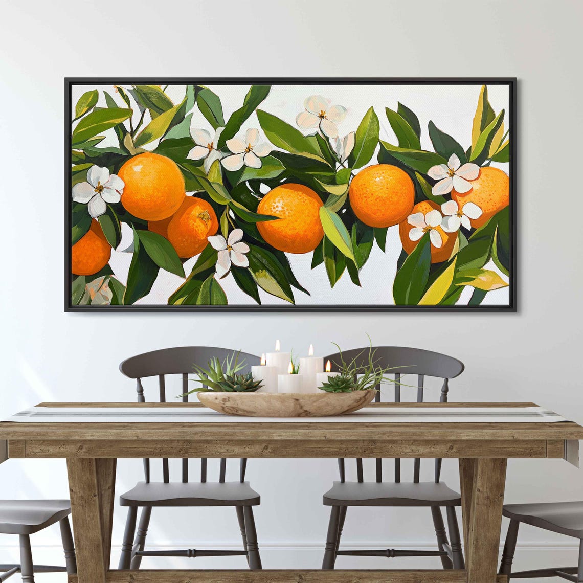 Bright Oranges White Blossoms Painterly Citrus Branch Kitchen Wall Art