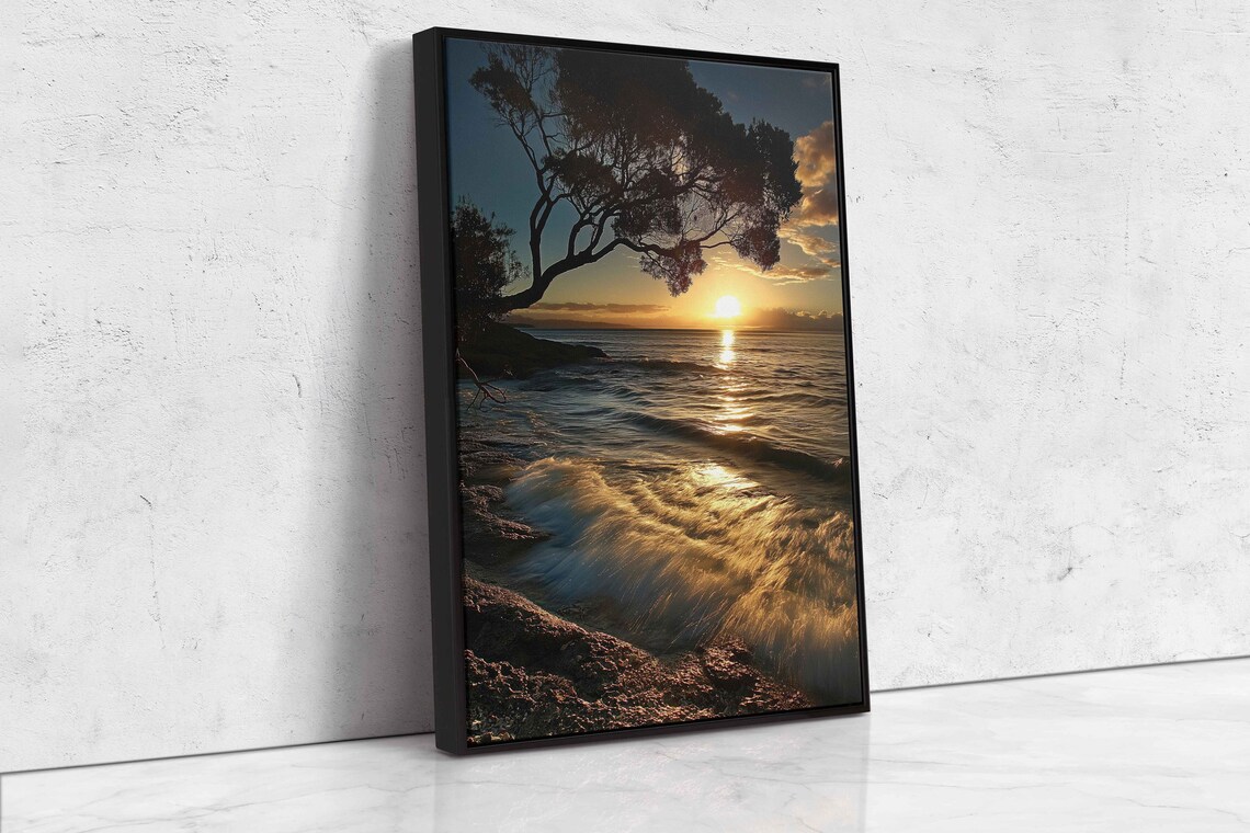 Coastal Sunset With Tree Overhanging Ocean Waves And Golden Light Travel Poster - Image 4