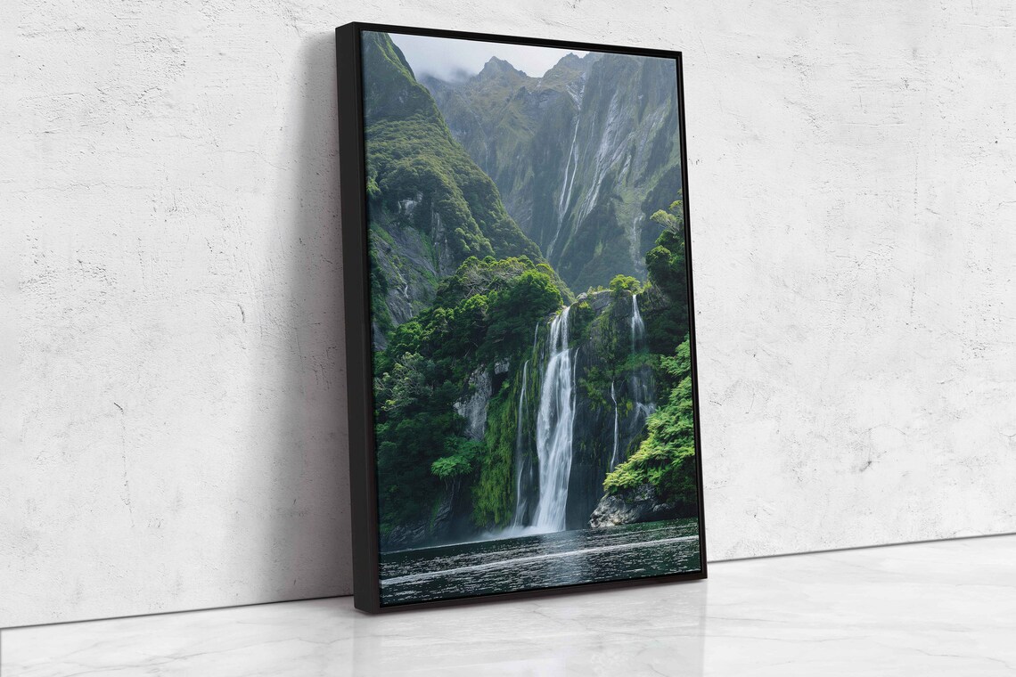 Serene Waterfall Lush Greenery Tranquil Lake Mountain Range Cloudy Skies Wall Art Print Ready To Hang - Image 4
