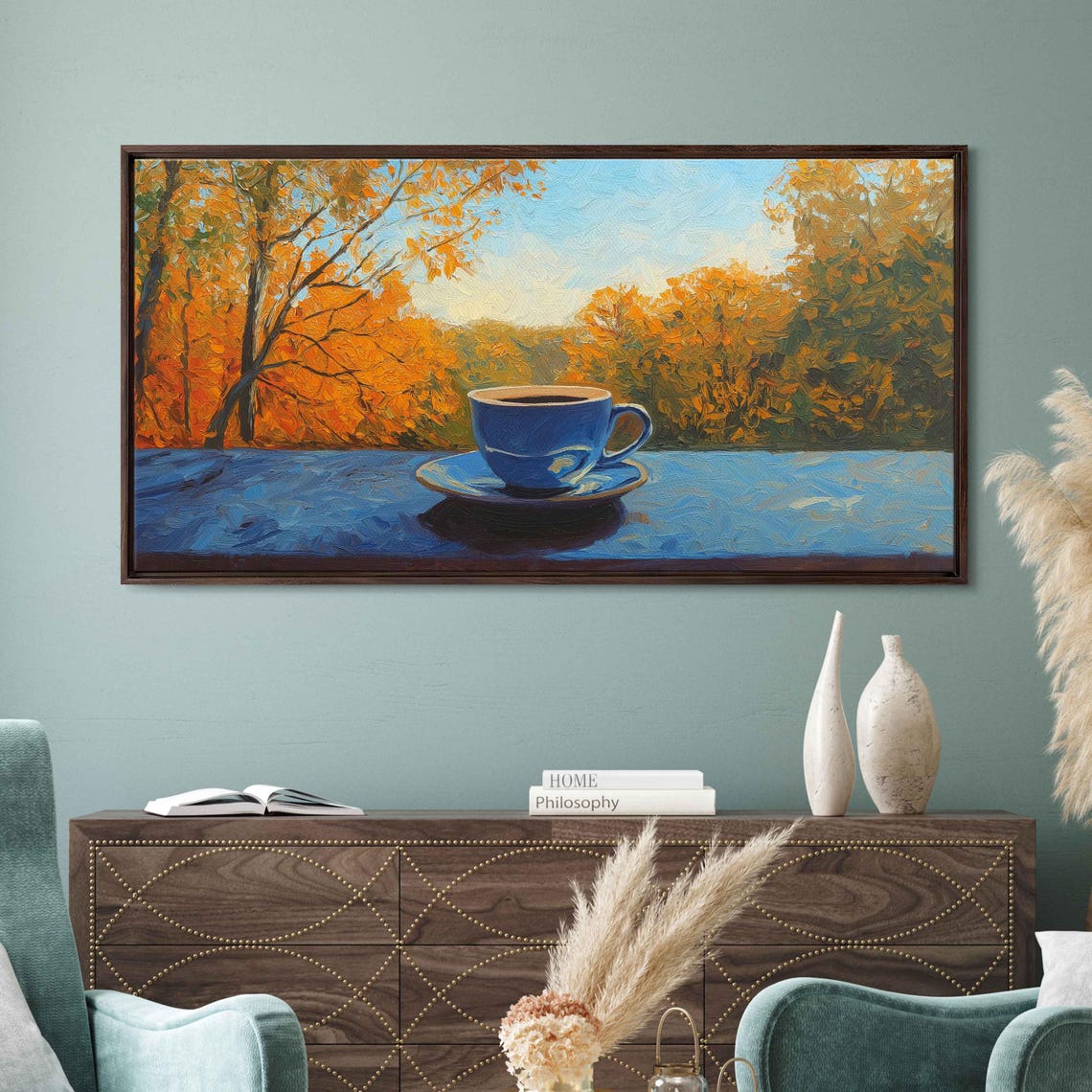 Blue Coffee Cup On Ledge Against Vibrant Autumn Foliage Painting - Image 3