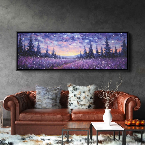 Lavender Field Starry Night Sky Panoramic Painting Reproduction Print Ready To Hang Living Room Wall Art