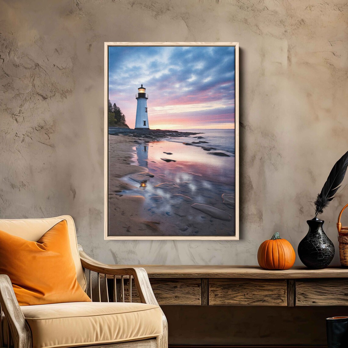 Lighthouse Rocky Coast Sunset Pink Sky Ocean Reflection Seascape Travel Poster - Image 2