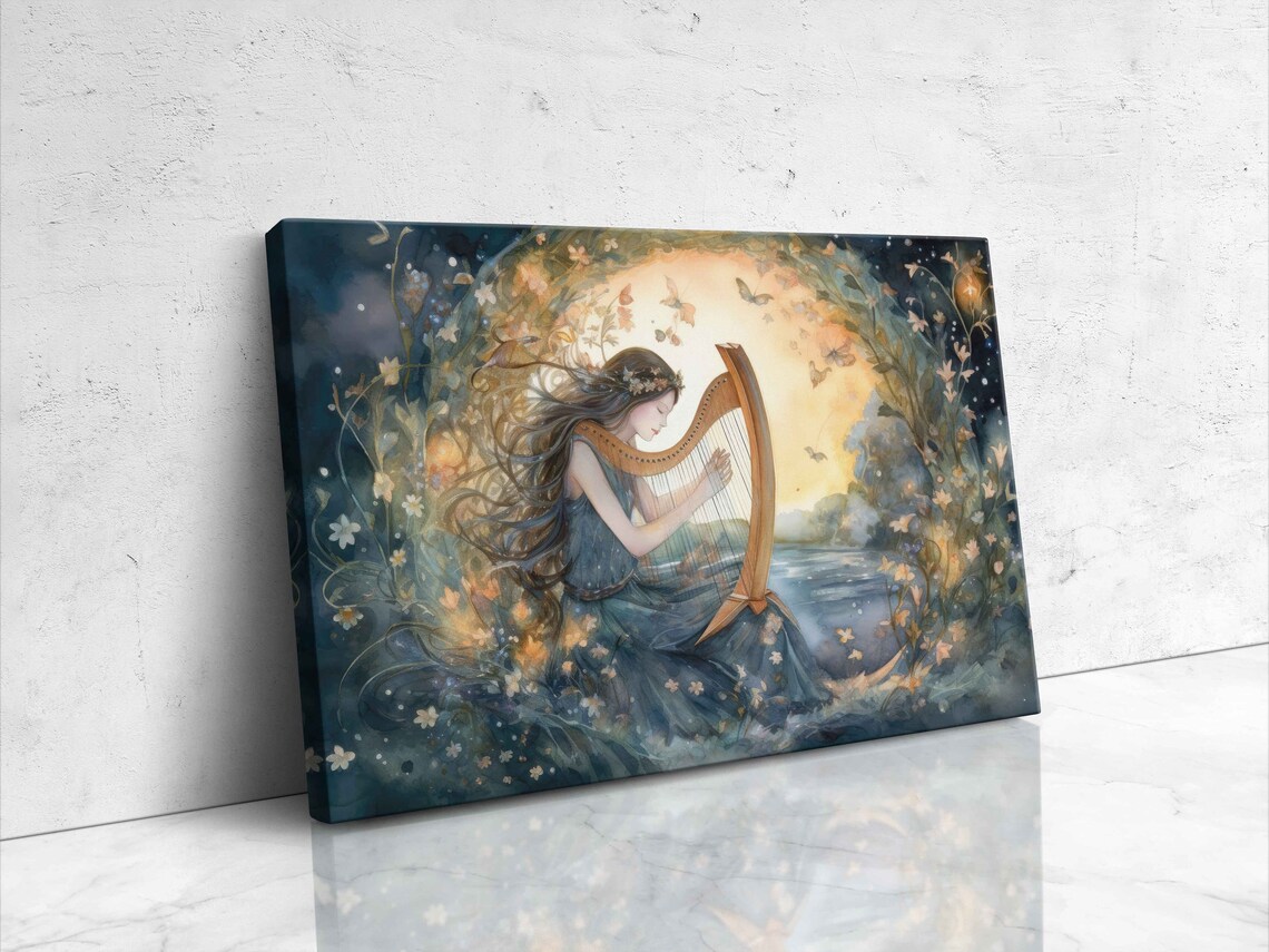 Watercolor Enchanted Fairy Playing Harp Art Print - Image 4