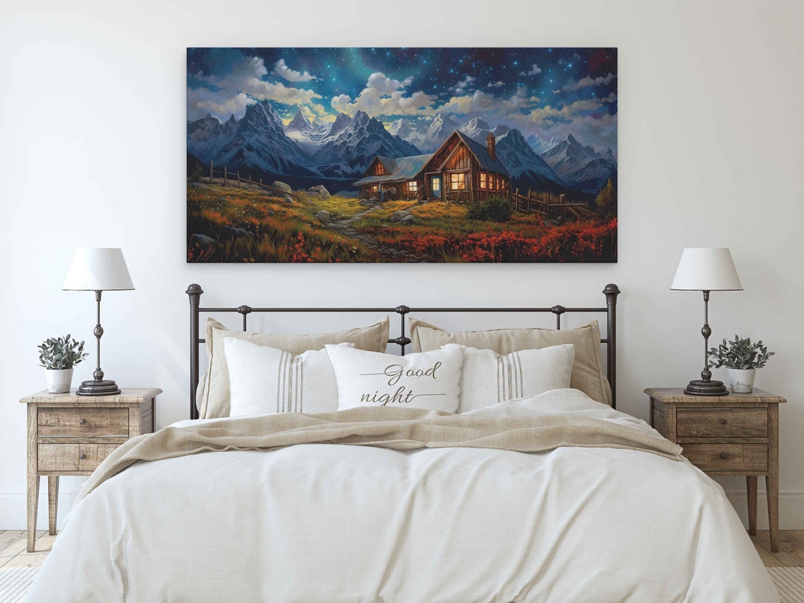 Lit Wooden Cabin Wildflower Meadow Starry Night Snowy Mountains Poster - Image 3