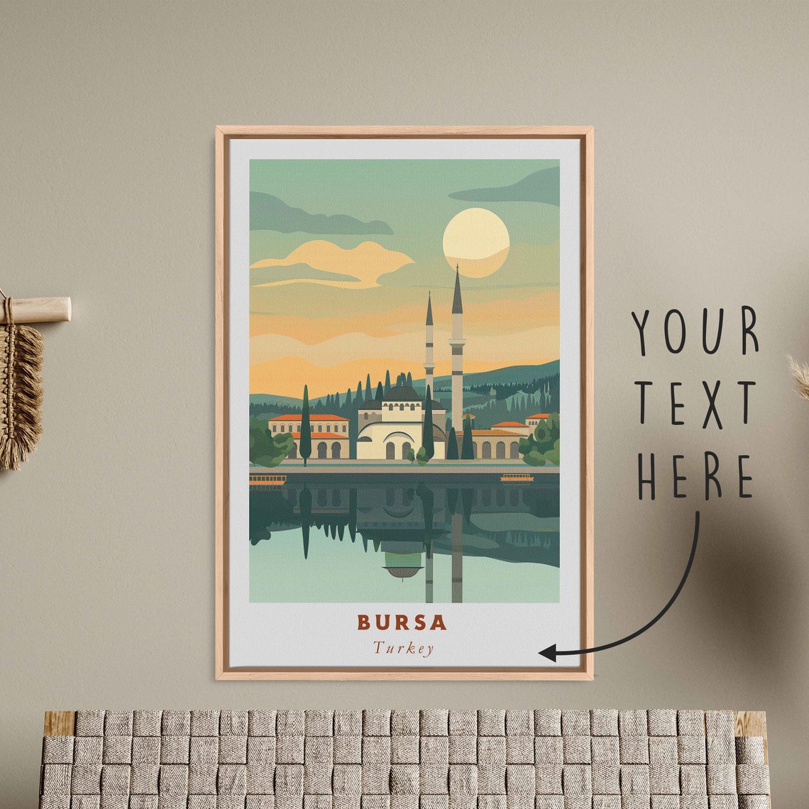 Bursa Turkey Mosque Minarets Water Reflection Moonlight Travel Poster
