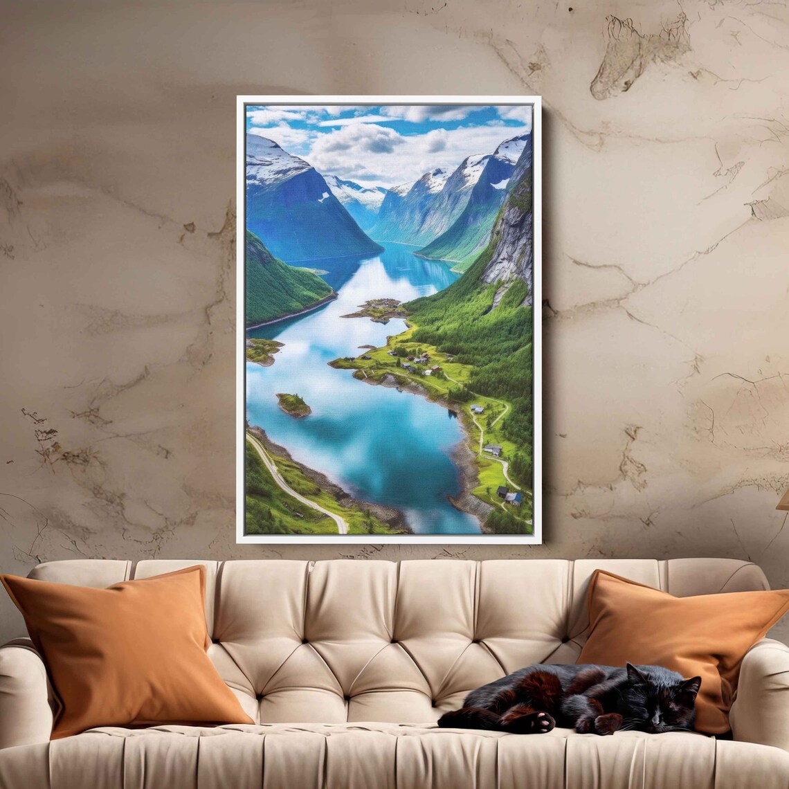Green Fjord Valley Turquoise Water Snowy Peaks Scenic Travel Poster - Image 2