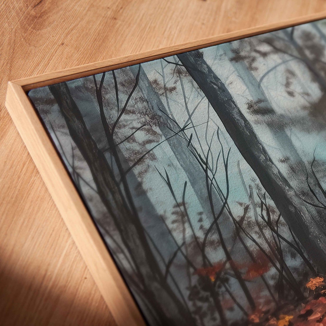 Misty Forest Trail With Red Fall Foliage Morning Light Painting Poster - Image 2