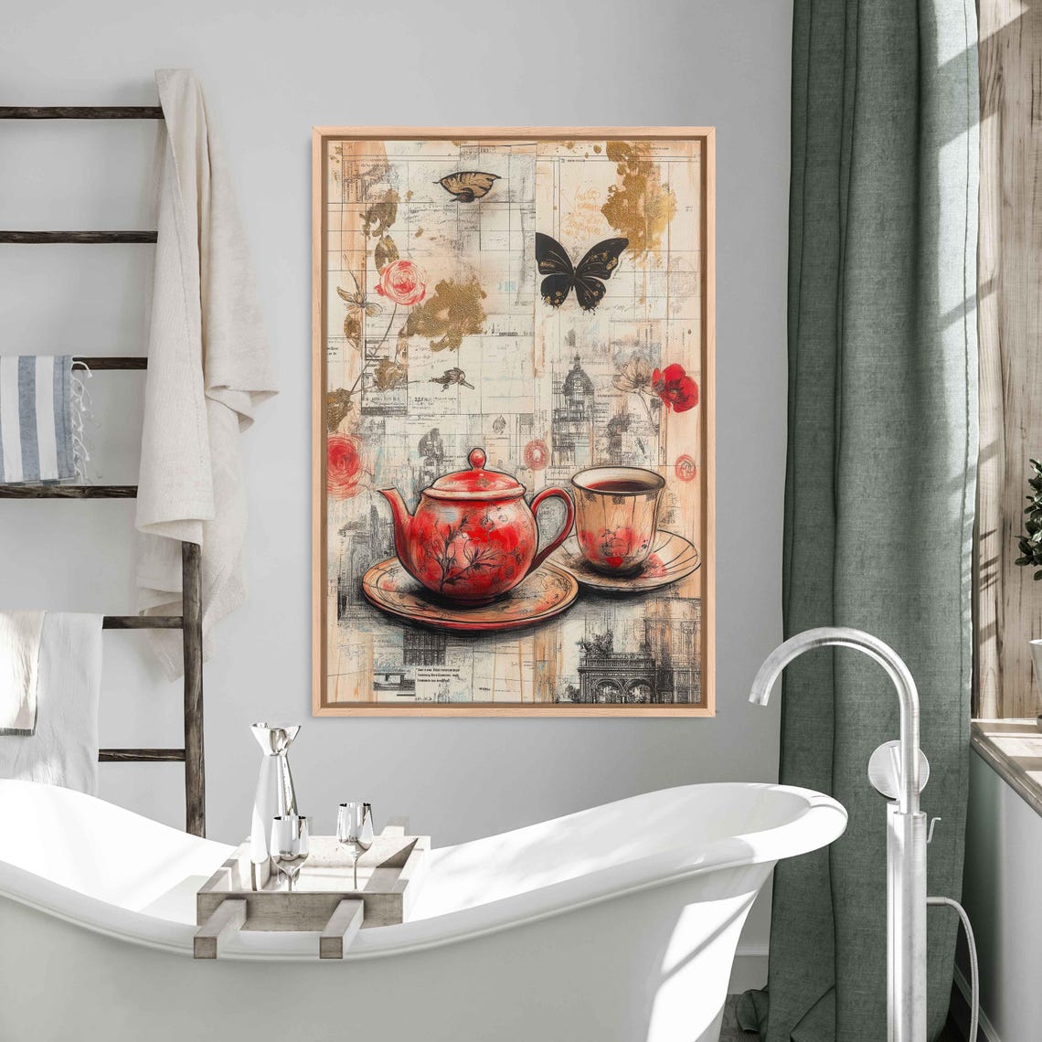 Red Teapot Teacup Butterfly Vintage Journal Collage Kitchen Art Poster