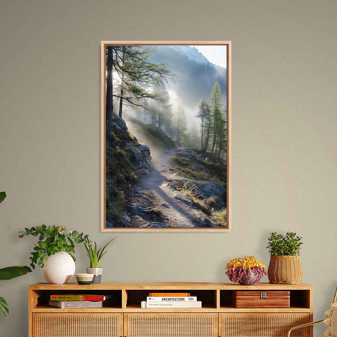 Mountain Path Through Sunlit Misty Forest Wall Art Print Ready To Hang - Image 3