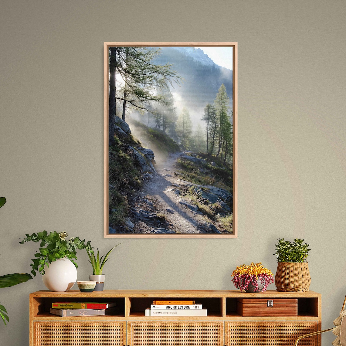 Mountain Trail Misty Forest Rocky Path Sunbeams Nature Photo Art - Image 3