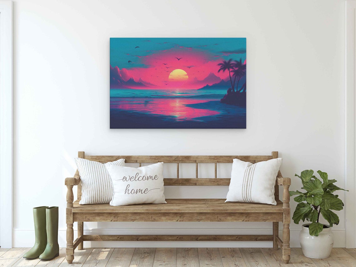 Vaporwave Ocean Sunset With Palms Birds And Pink Sky Retro Wall Art - Image 2