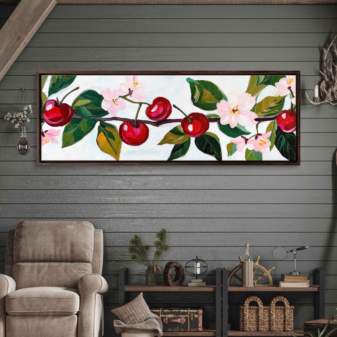 Red Cherries On Branch With Pink Blossoms Painting Wall Art Print