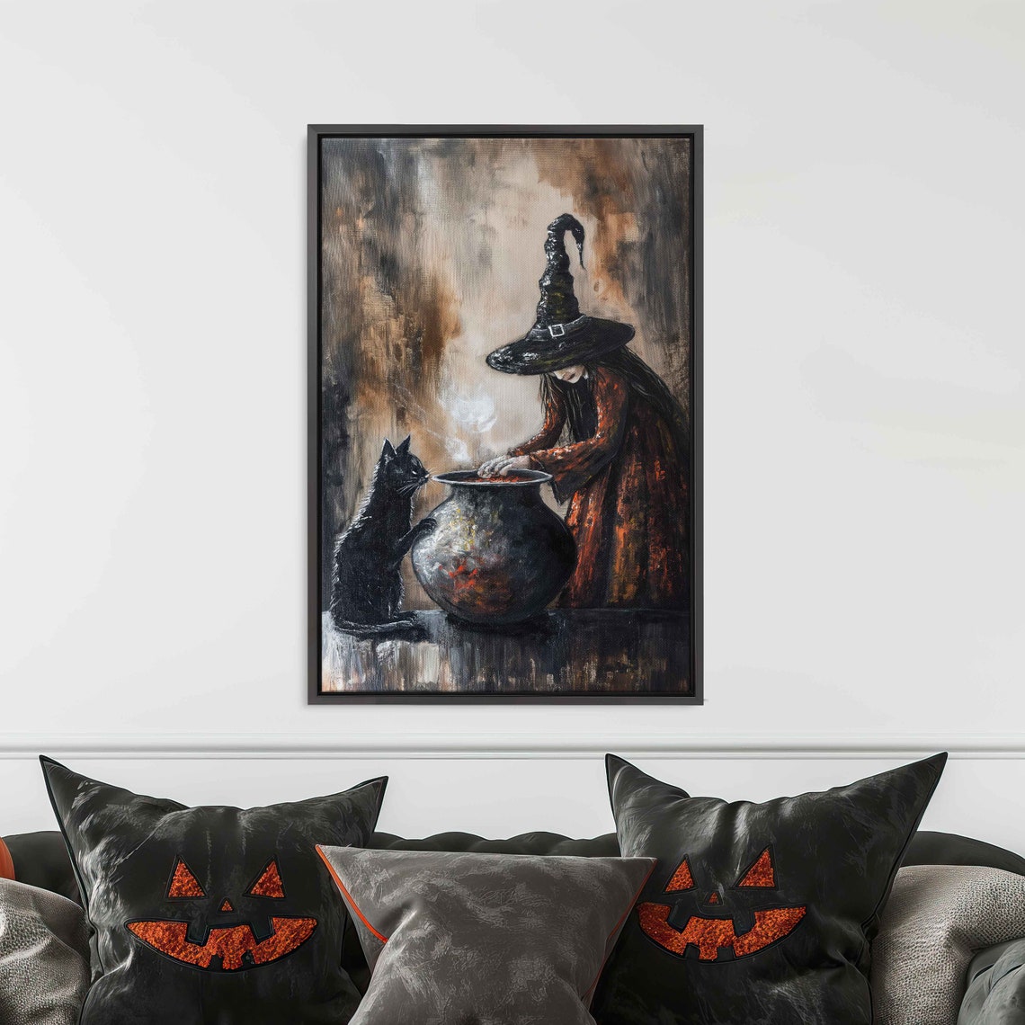 Vintage Witch Cauldron Potion Black Cat Rustic Spooky Halloween Poster