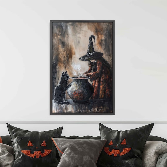 Vintage Witch Cauldron Potion Black Cat Rustic Spooky Halloween Poster