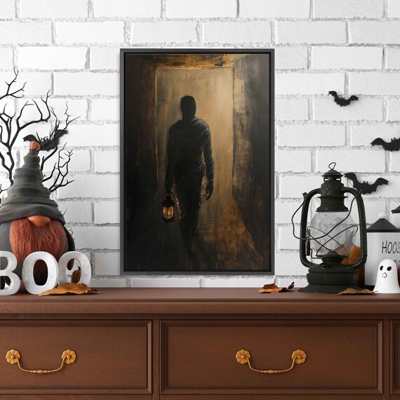 Mummy Holding Lantern Walking Dark Corridor Spooky Halloween Art Print