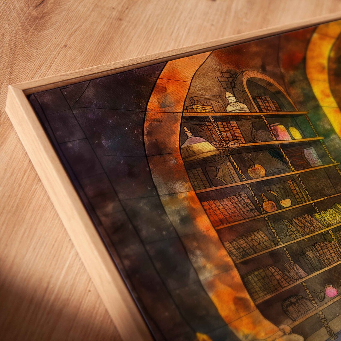 Witches Library Arched Window Golden Light Bookshelves Watercolor Art - Image 2