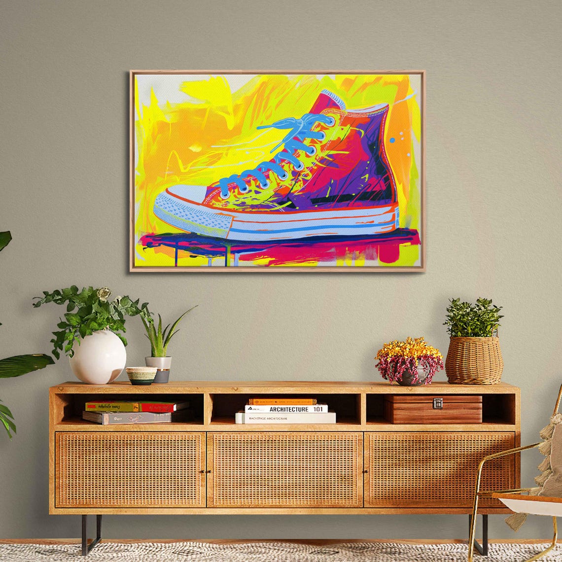 Pop Art Neon High Top Sneaker Bold Yellow Background Wall Poster - Image 3