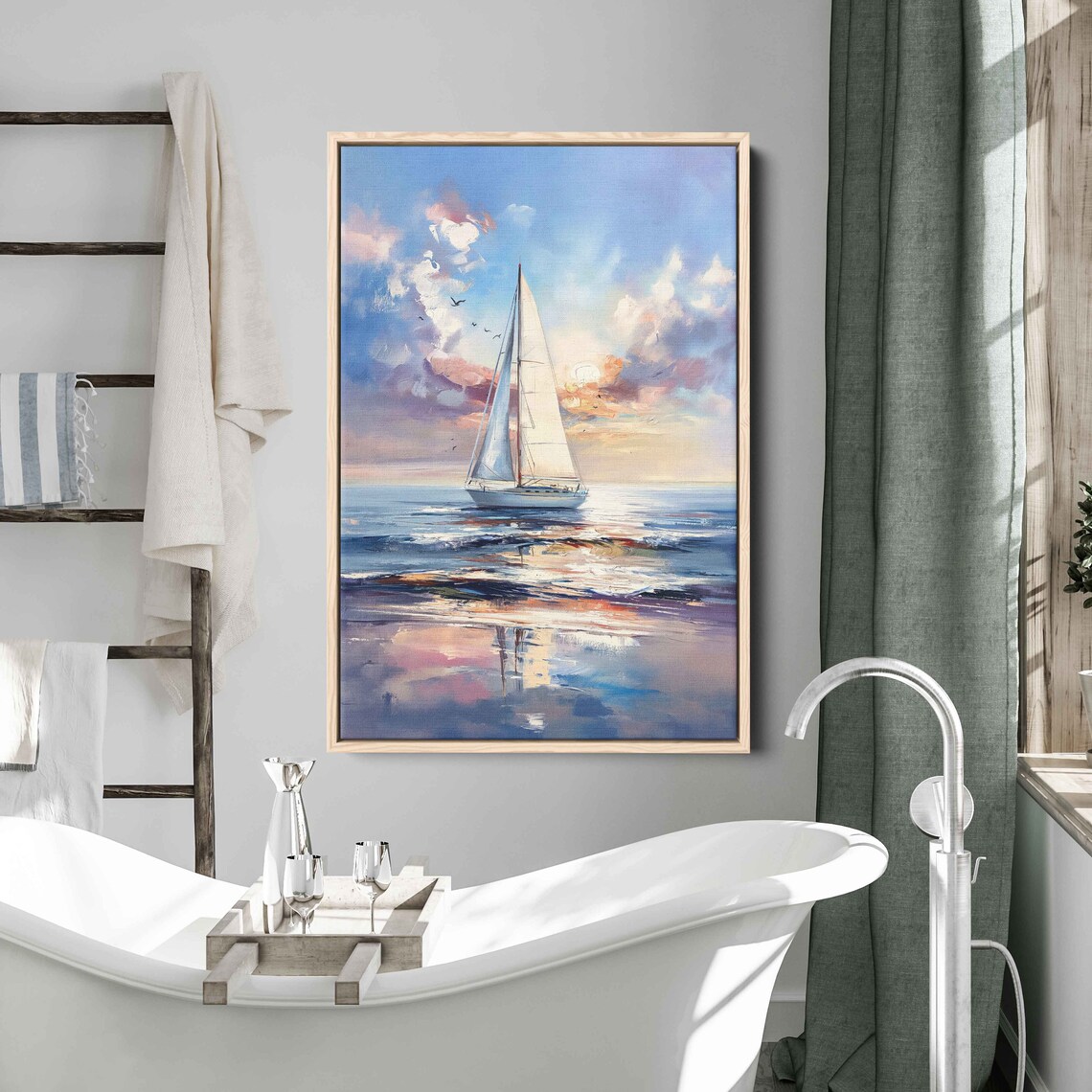 Sailboat Sunset Calm Reflective Water Pink Clouds Seascape Painting Print