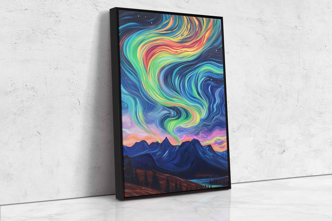 Vivid Rainbow Aurora Lights Over Dark Mountain Peaks Night Poster - Image 4