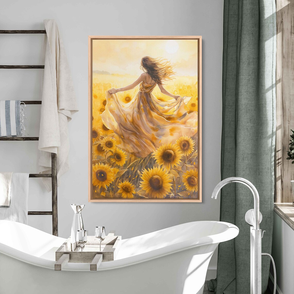 Woman Dancing In Sunflower Field Watercolor Wall Art Print Flowing Sundress Sunny Skies Flowing Hair Ready To Hang