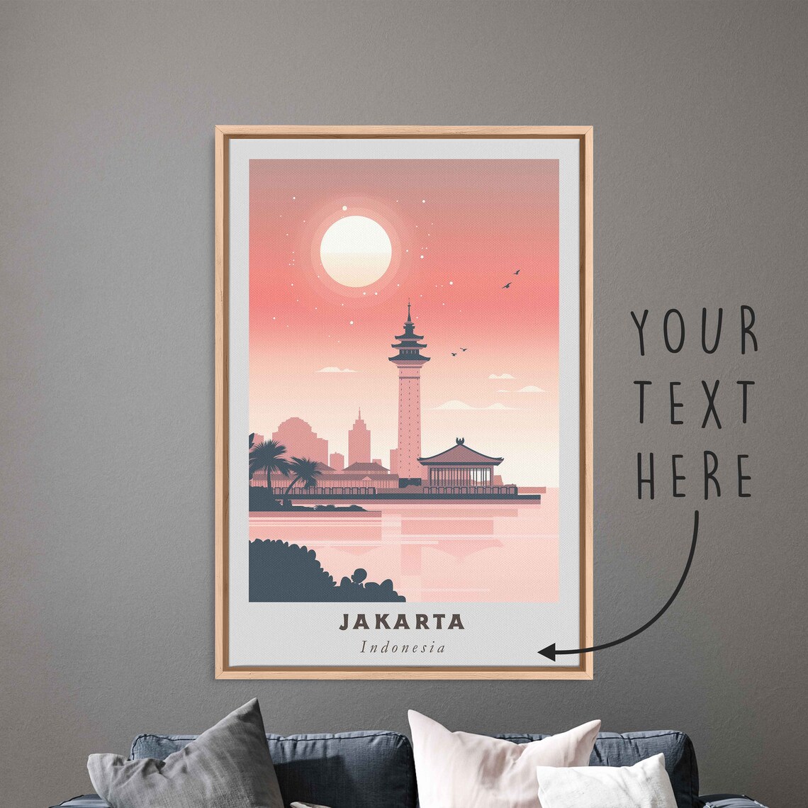 Jakarta Indonesia Waterfront Pagoda Full Moon Pink Sky Travel Poster