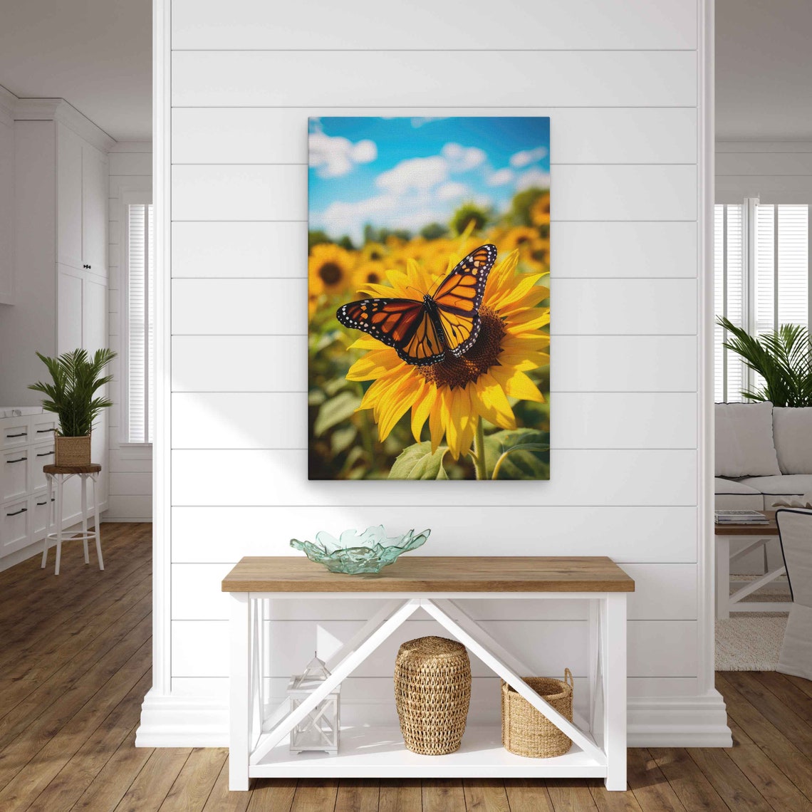 Monarch Butterfly on Sunflower Sunny Field Blue Sky Macro Art Poster - Image 3