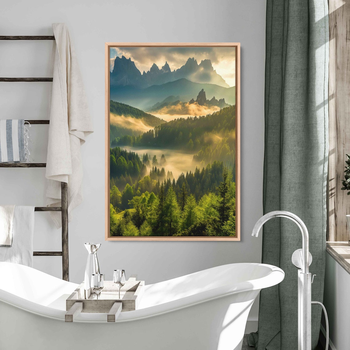 Misty Mountain Peaks Above Golden Fog Lit Evergreen Valley Wall Poster