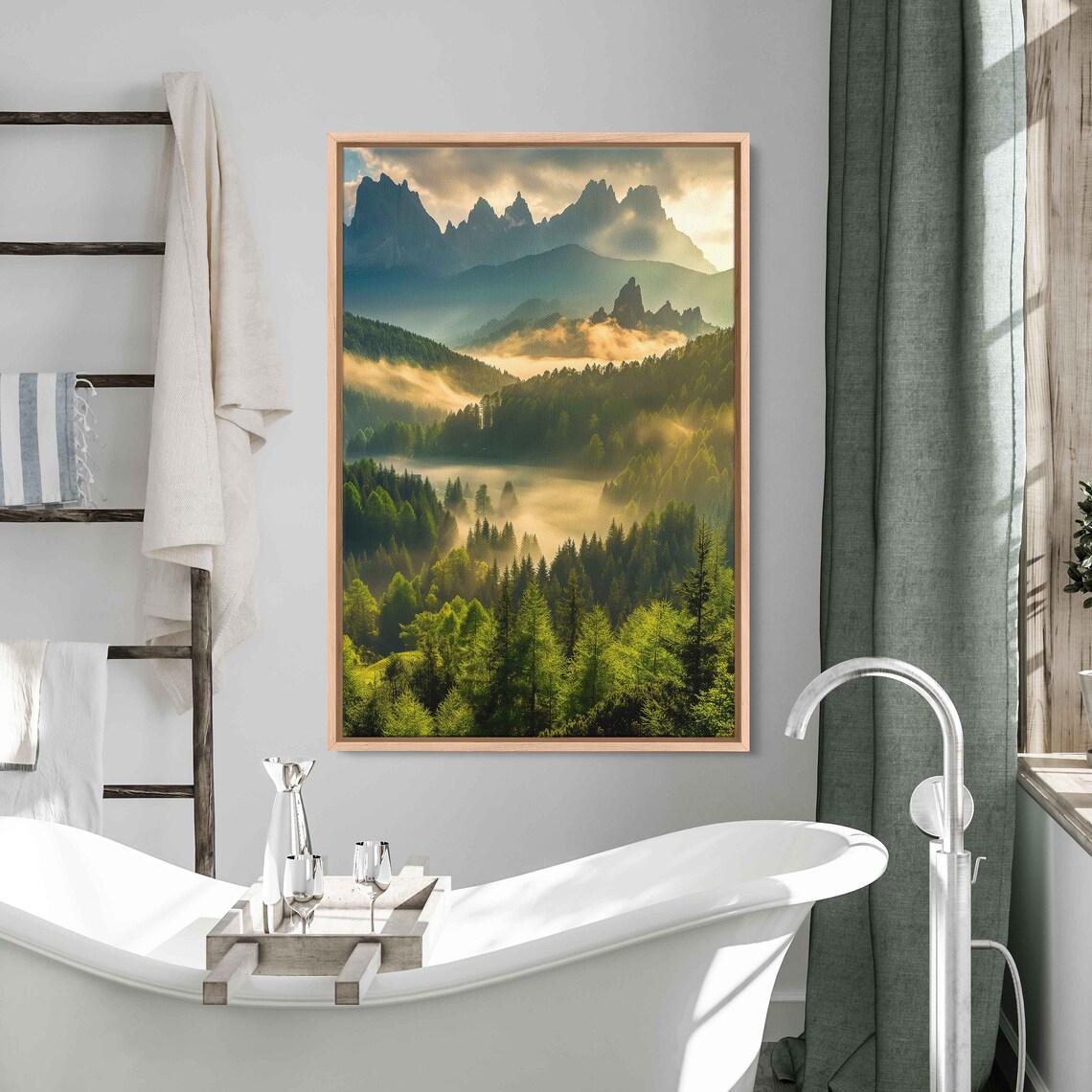 Sunlit Misty Forest Lush Greenery Mountain Ranges Cloudy Skies Wall Art Print Ready To Hang