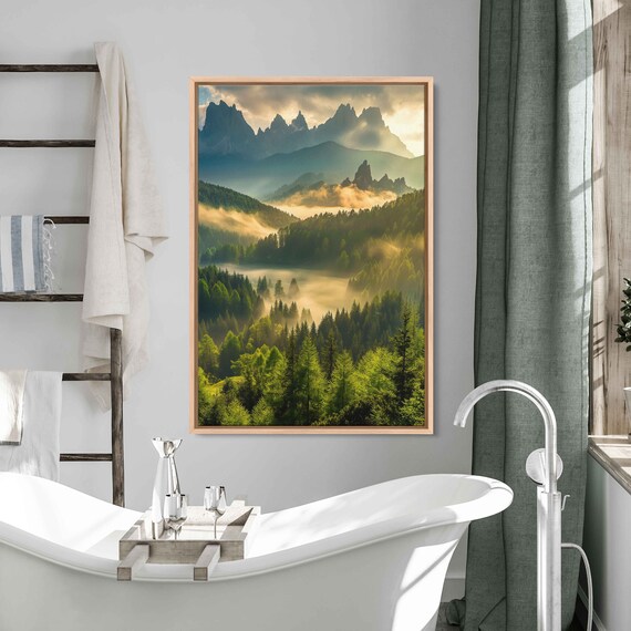 Sunlit Misty Forest Lush Greenery Mountain Ranges Cloudy Skies Wall Art Print Ready To Hang