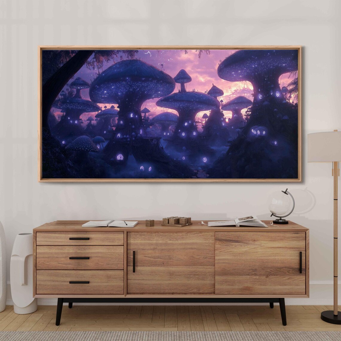 Giant Glowing Mushroom Village Purple Twilight Forest Fantasy Poster